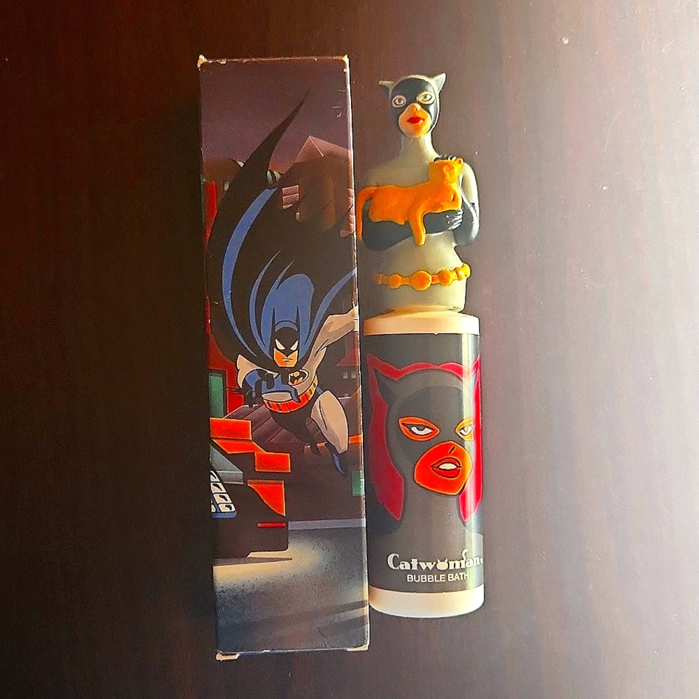 Cat woman bubble bath bottle, finger puppet and original box